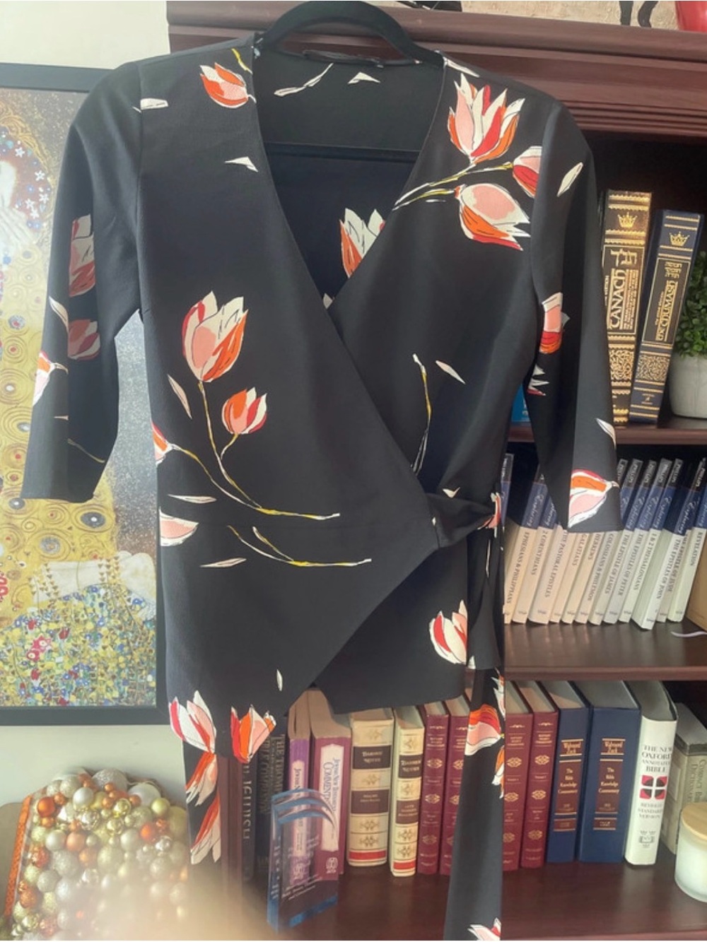 Zara Black Floral Wrap Dress - Elegant Tulip Print